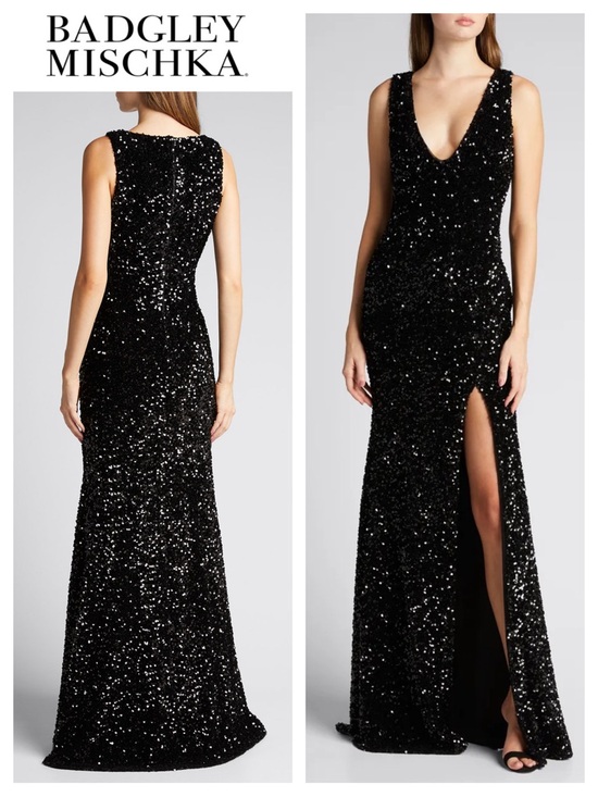Badgley Mischka Dresses & Skirts - BADGLEY MISCHKA Velvet Sequin Slit Gown